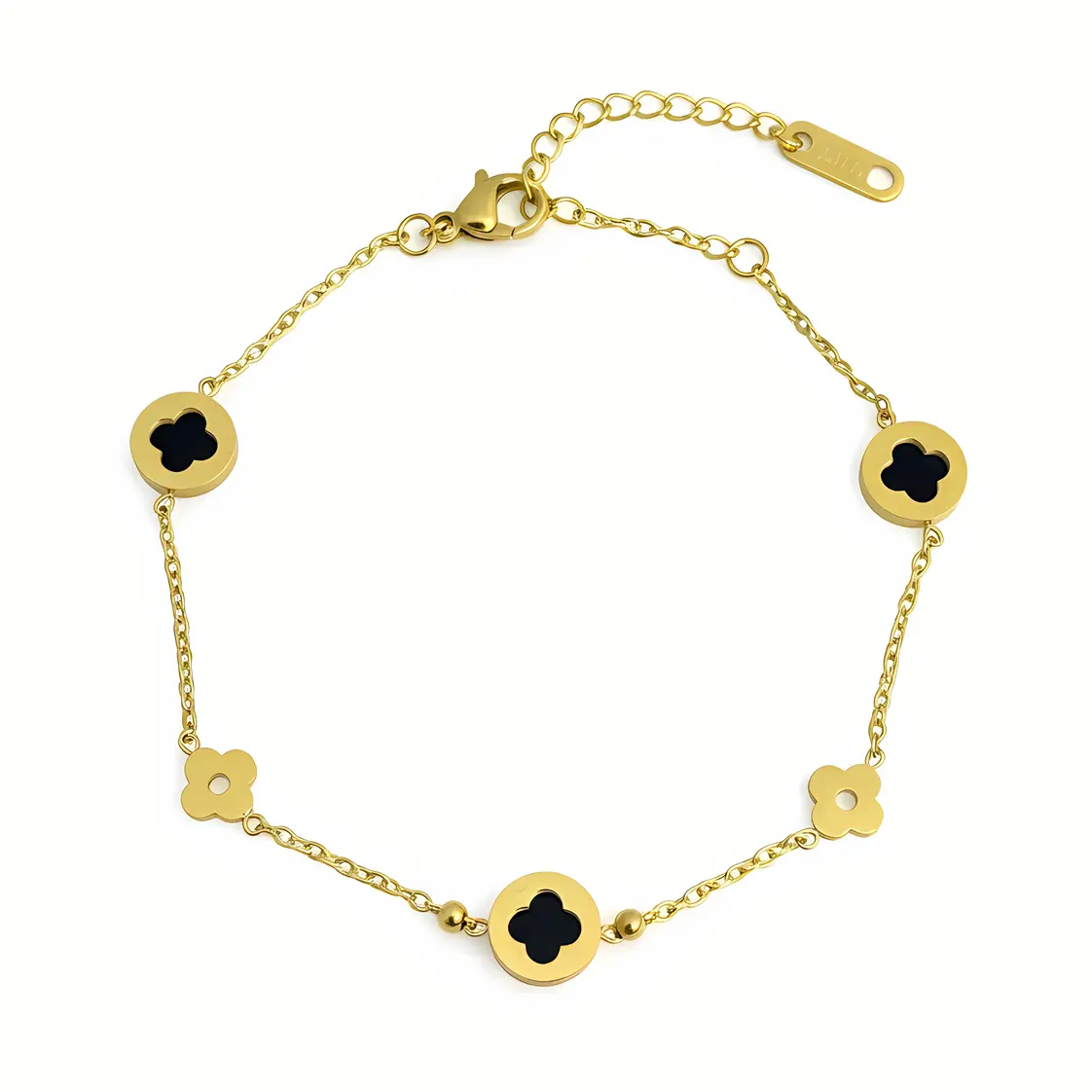 Clover Station Bracelet with Black Enamel Disc Charms