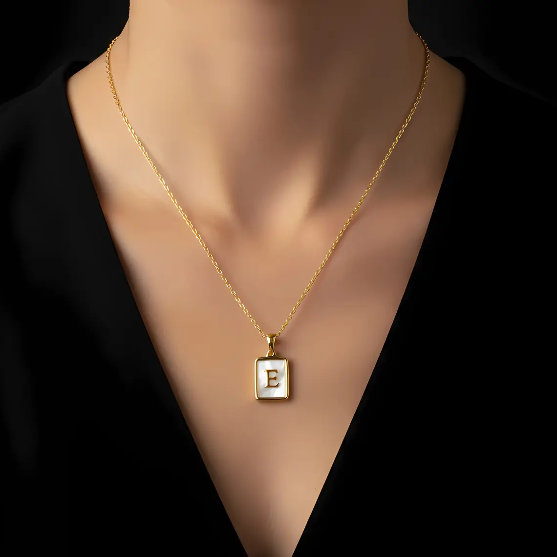 Alternative view of Gold Initial Letter E Mother of Pearl Rectangle Pendant Necklace