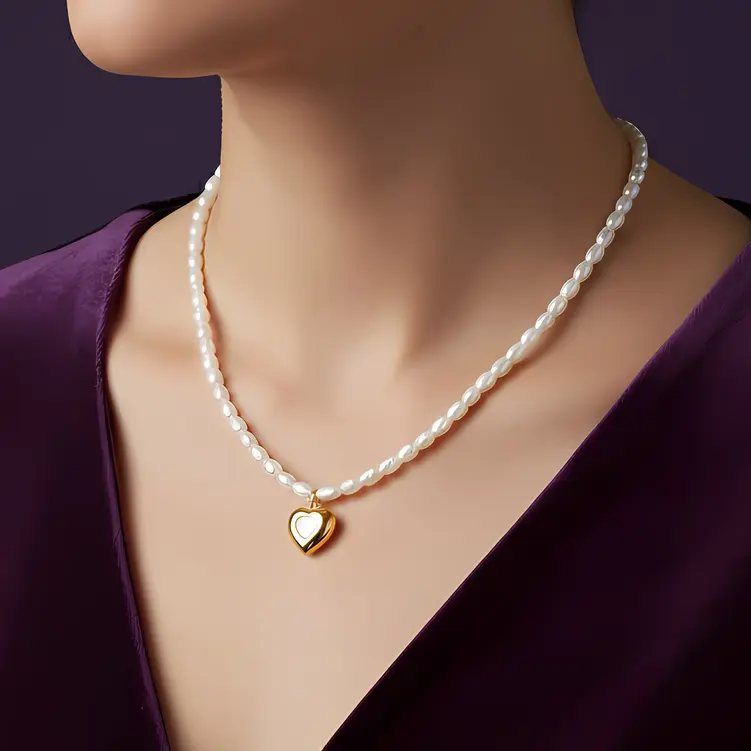 Alternative view of White Pearl Strand Necklace with Puffy Heart Shell Pearl Center Charm