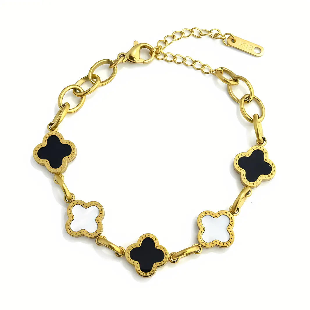 Gold Link Bracelet with Black & White Clover Charms