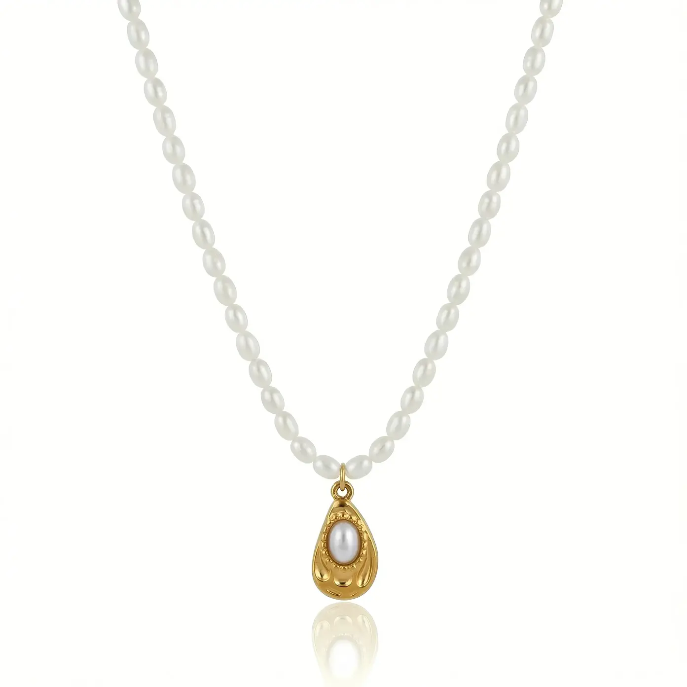 White Pearl Strand Necklace with Textured Teardrop Pearl Charm
