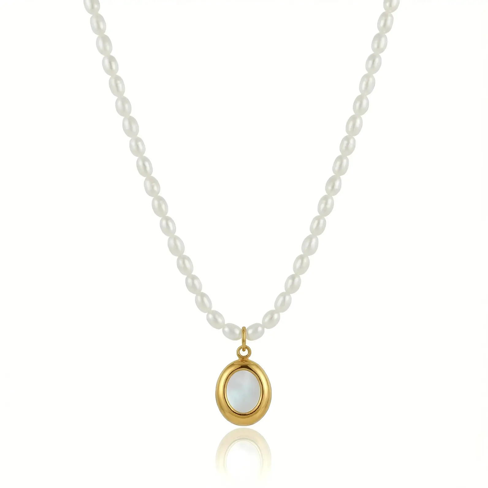 White Pearl Strand Necklace with Chunky Small Oval Shell Pearl Charm