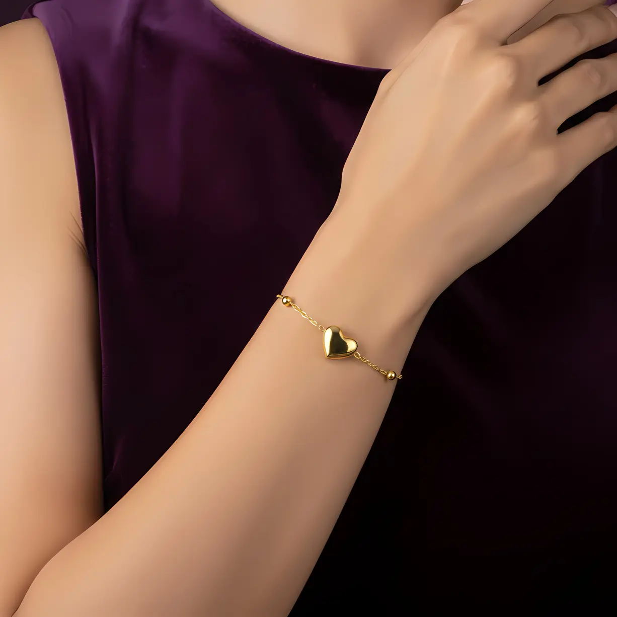 Alternative view of Gold Chain Bracelet with Heart Charm & Beaded Accents