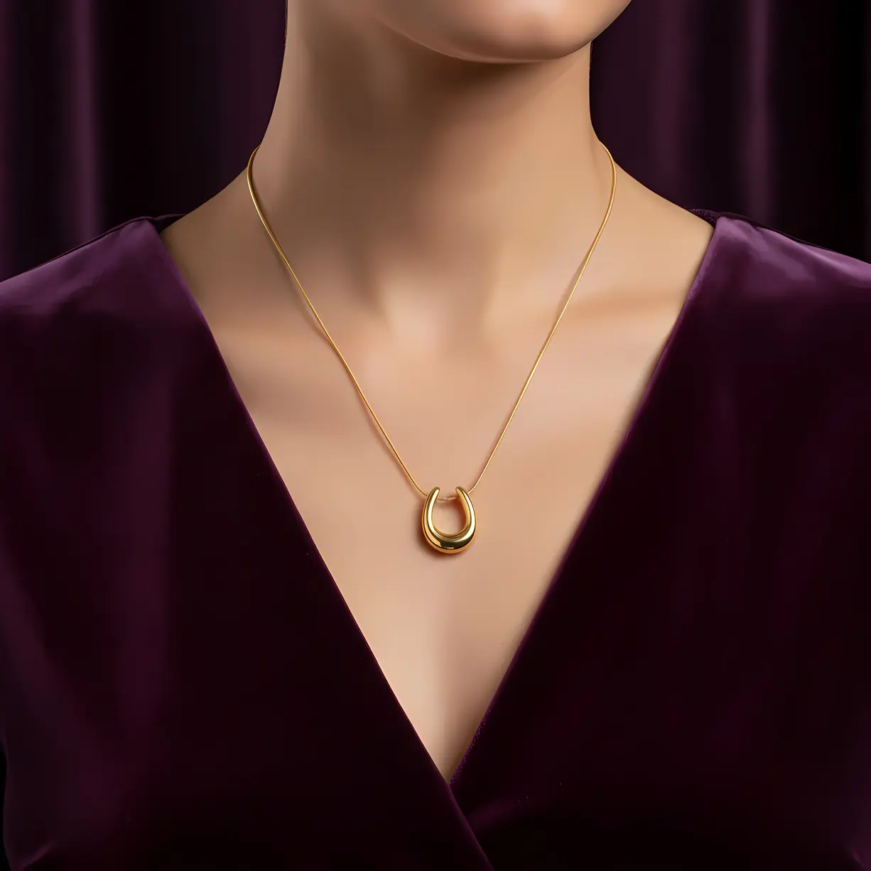 Alternative view of Gold Horseshoe Pendant Snake Chain Necklace