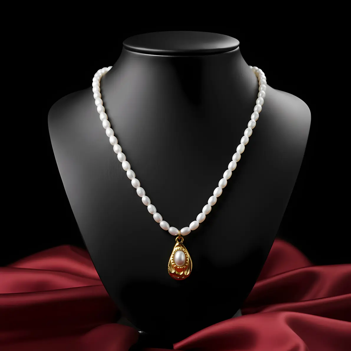 White Pearl Strand Necklace with Textured Teardrop Pearl Charm - Image 3