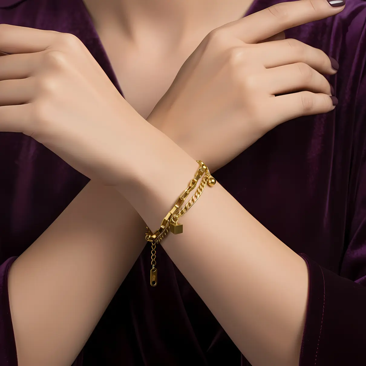 Alternative view of Gold Bracelet with Mixed Links & Geometric Charm Accents