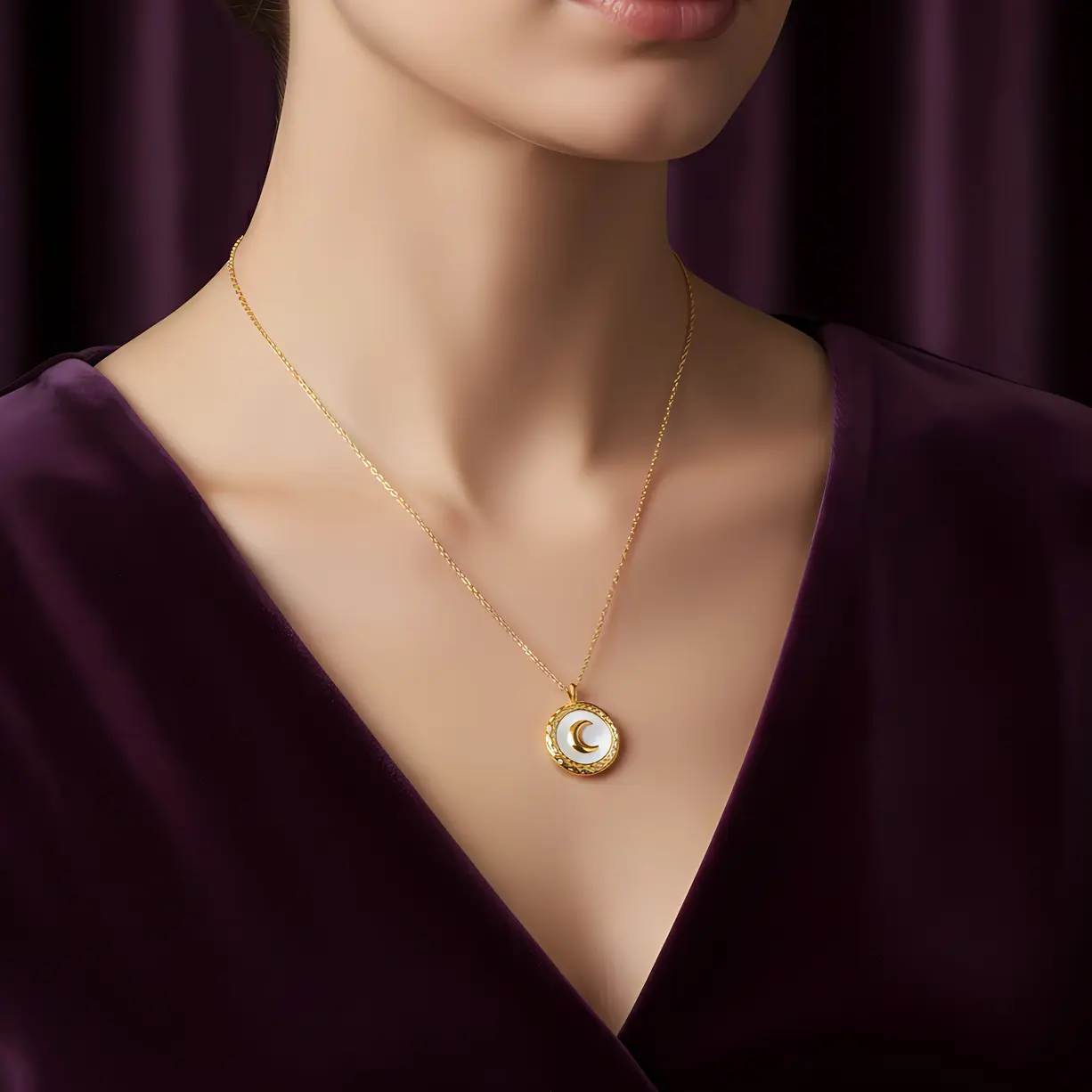 Gold Crescent Moon Mother of Pearl Disc Pendant Necklace - Image 4