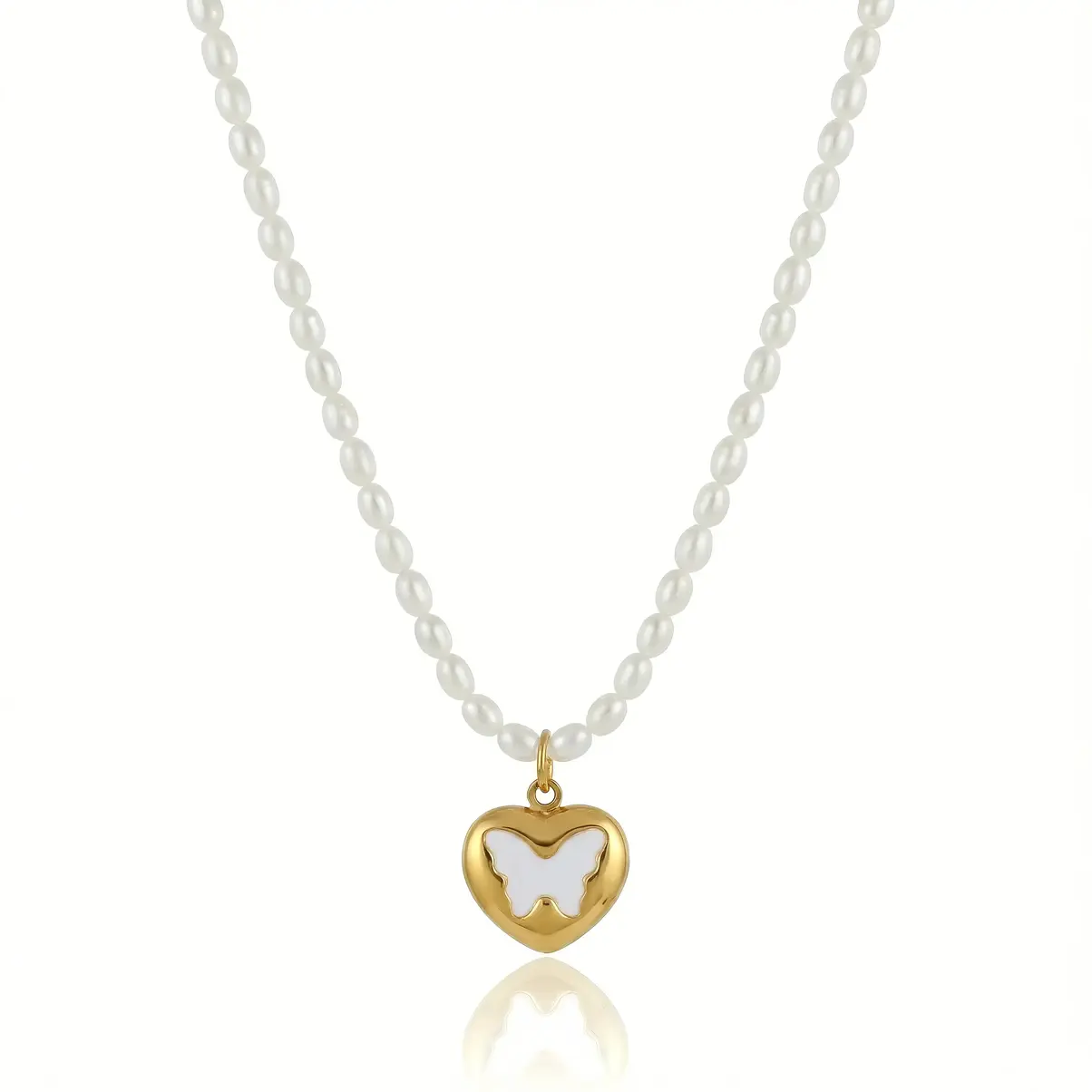 White Pearl Strand Necklace with Puffy Heart Butterfly Charm