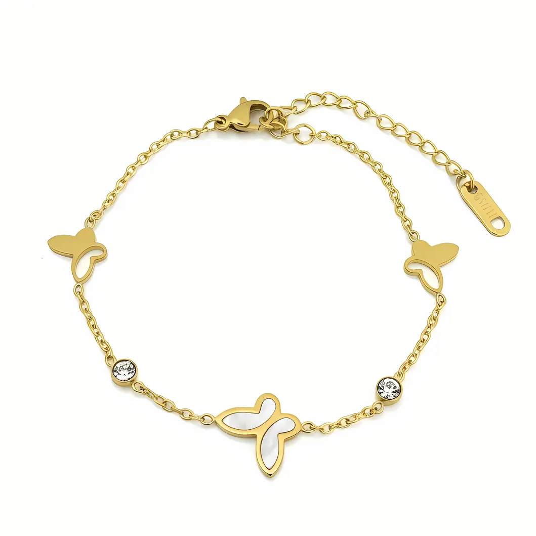 Gold Chain Bracelet with Butterfly Motifs, Mother of Pearl & Crystal Accents