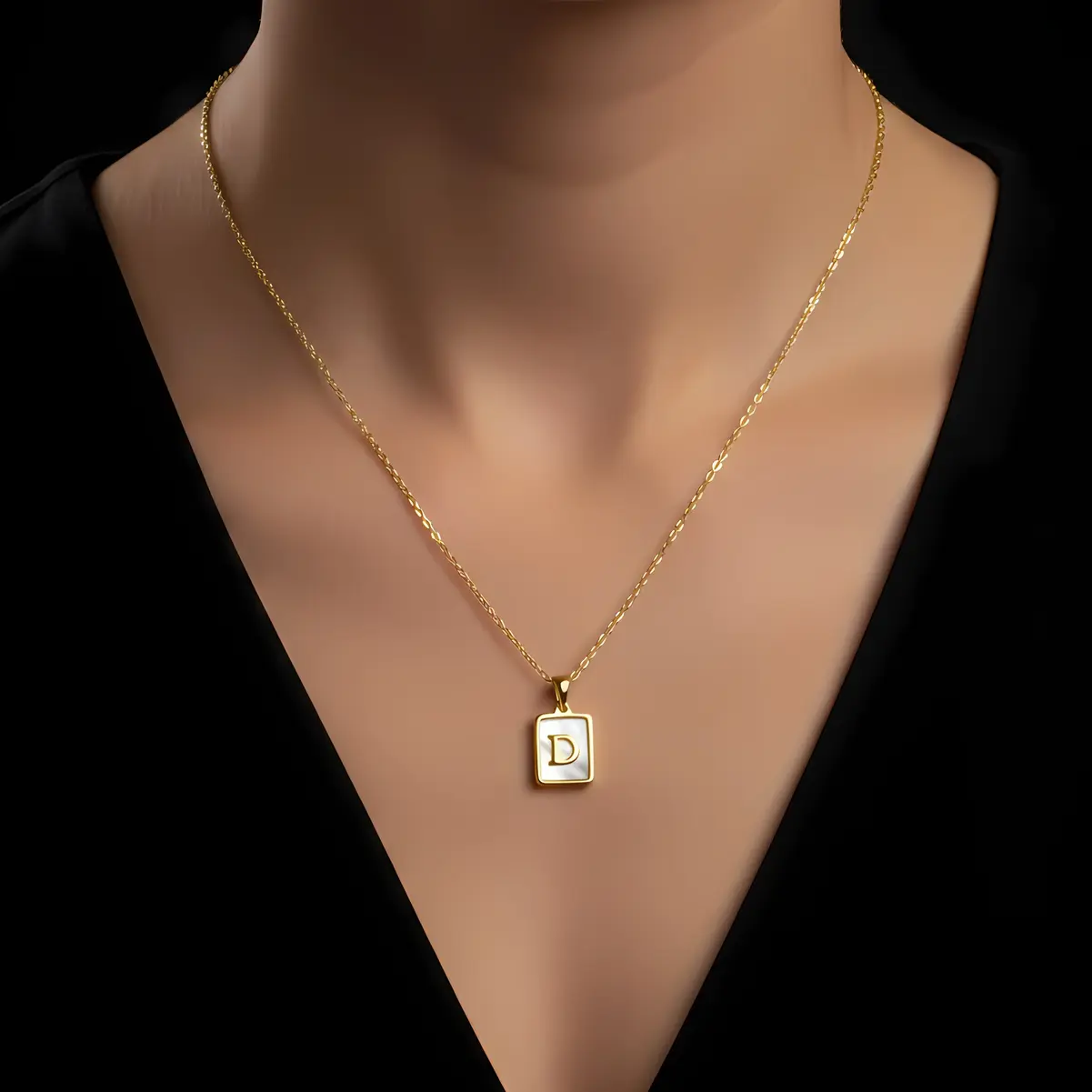 Alternative view of Gold Initial Letter D Mother of Pearl Rectangle Pendant Necklace