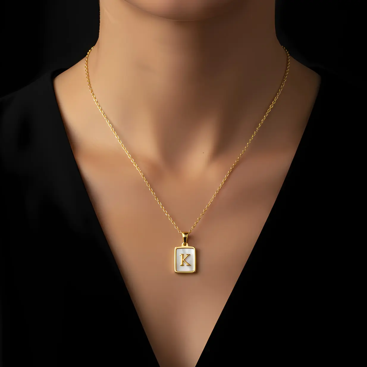 Alternative view of Gold Initial Letter K Mother of Pearl Rectangle Pendant Necklace