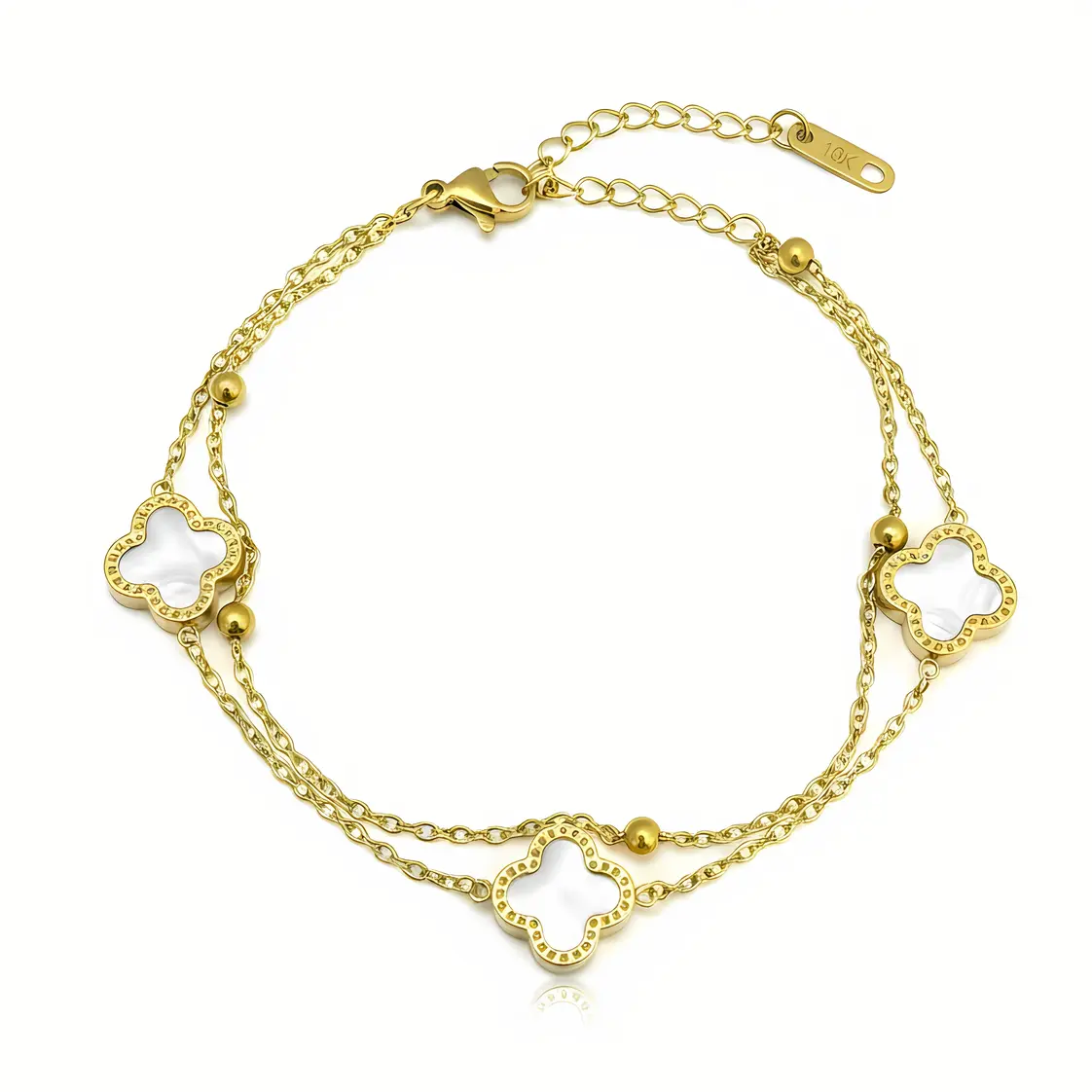 Double Layer Bracelet with White Mother of Pearl Clover Charms