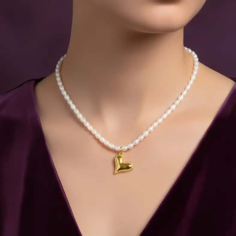 Alternative view of White Pearl Strand Necklace with Puffy Beaded Edge Heart Charm