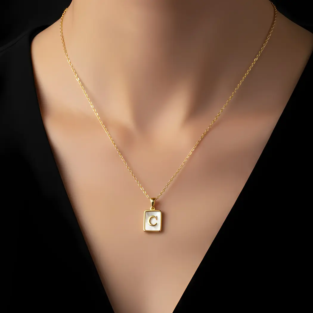 Gold Initial Letter C Mother of Pearl Rectangle Pendant Necklace - Image 4