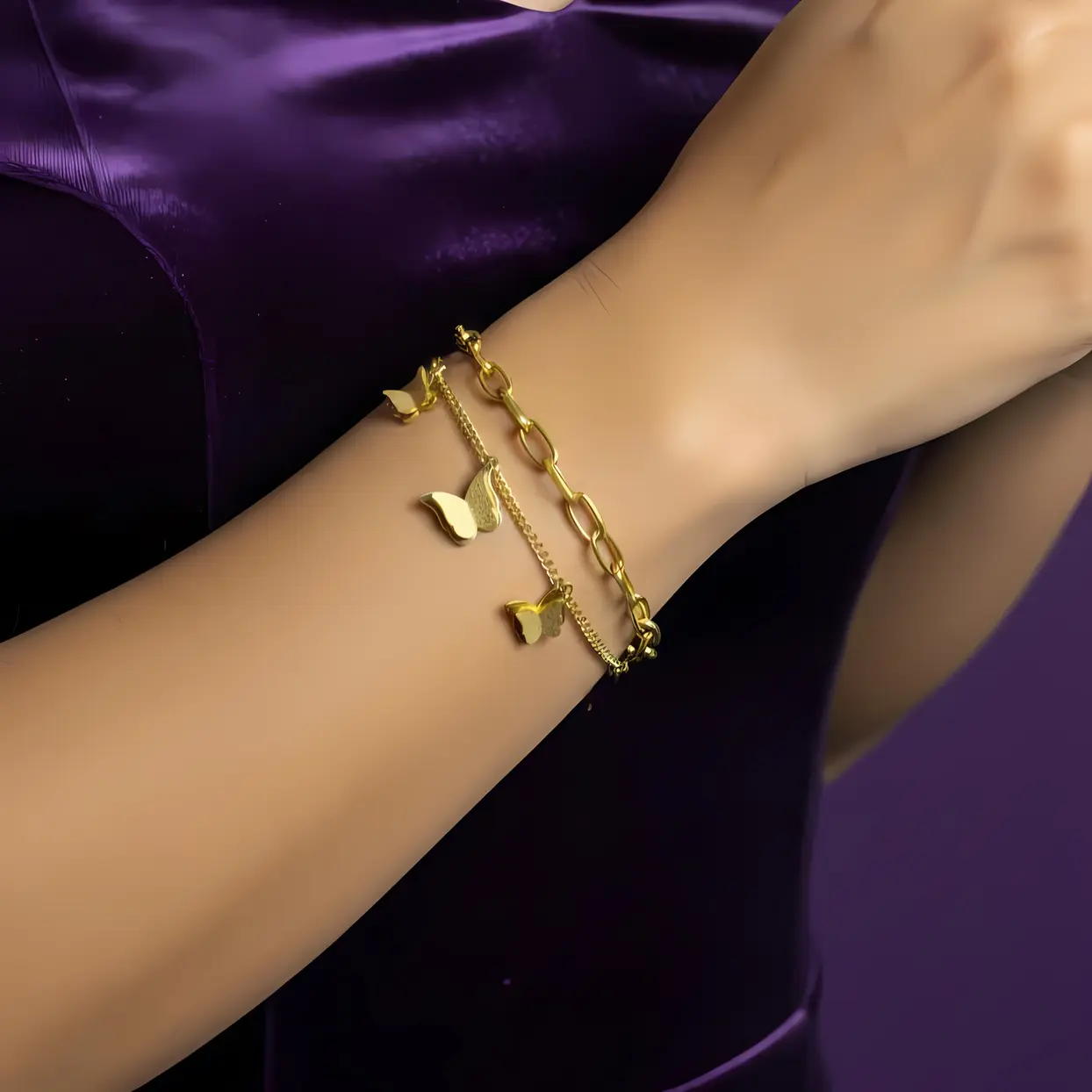 Alternative view of Bracelet with Butterfly Charms & Textured Link Details