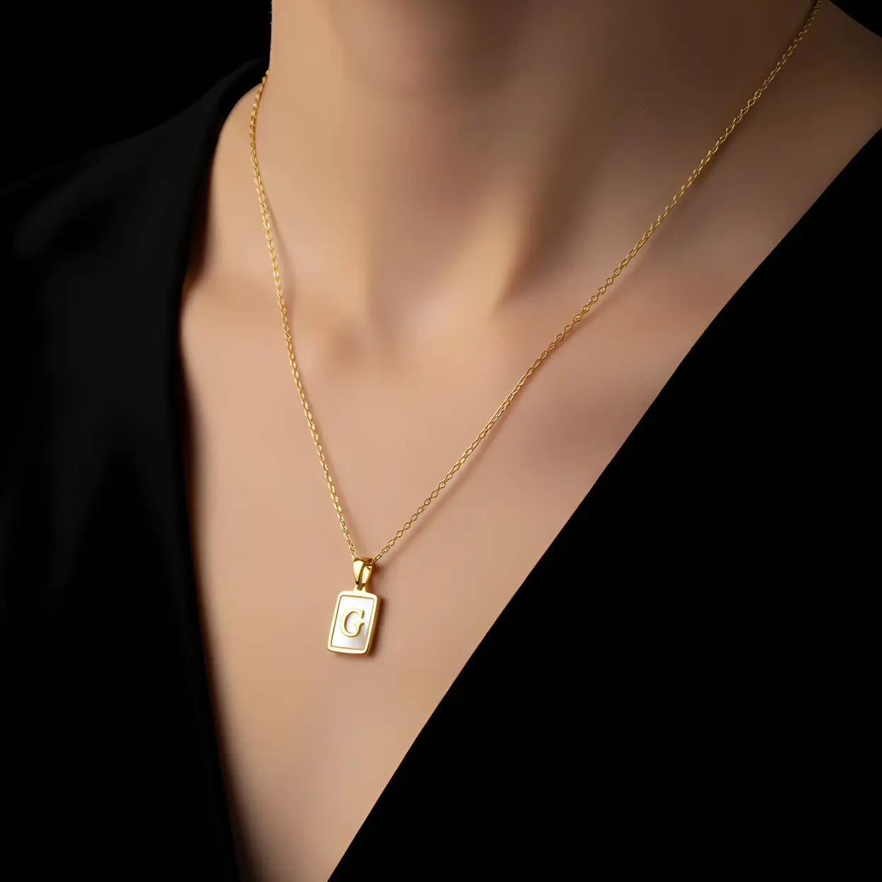 Alternative view of Gold Initial Letter G Mother of Pearl Rectangle Pendant Necklace