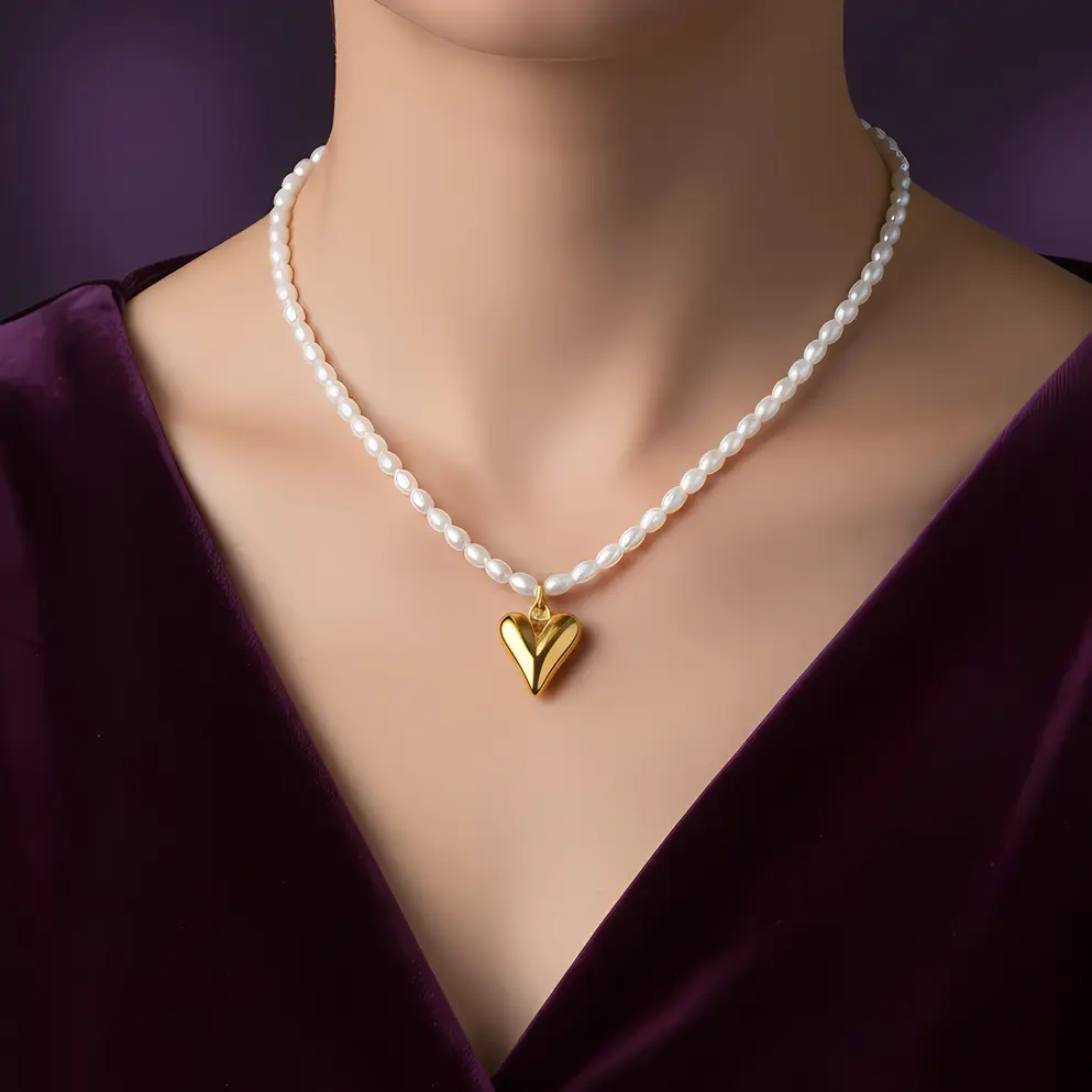 Alternative view of Pearl Beaded Necklace with Puffy Heart Pendant