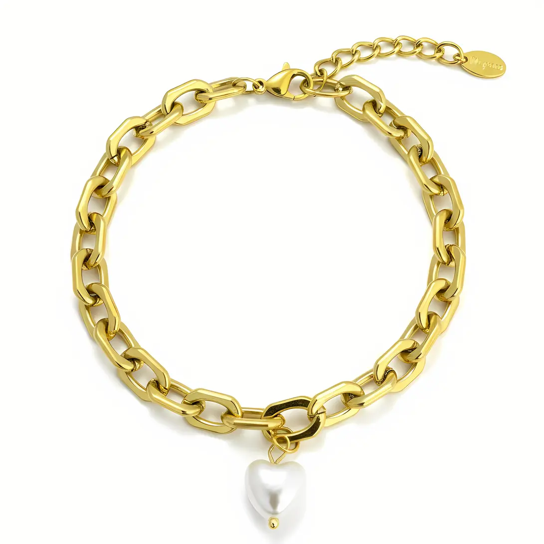 Chunky Gold Chain Bracelet with Pearl Heart Charm