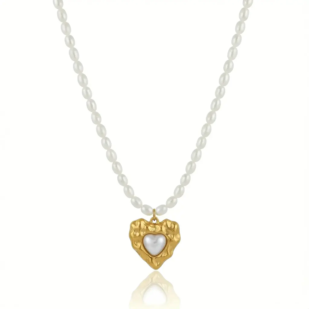 Pearl Beaded Necklace with Hammered Heart Pearl Pendant