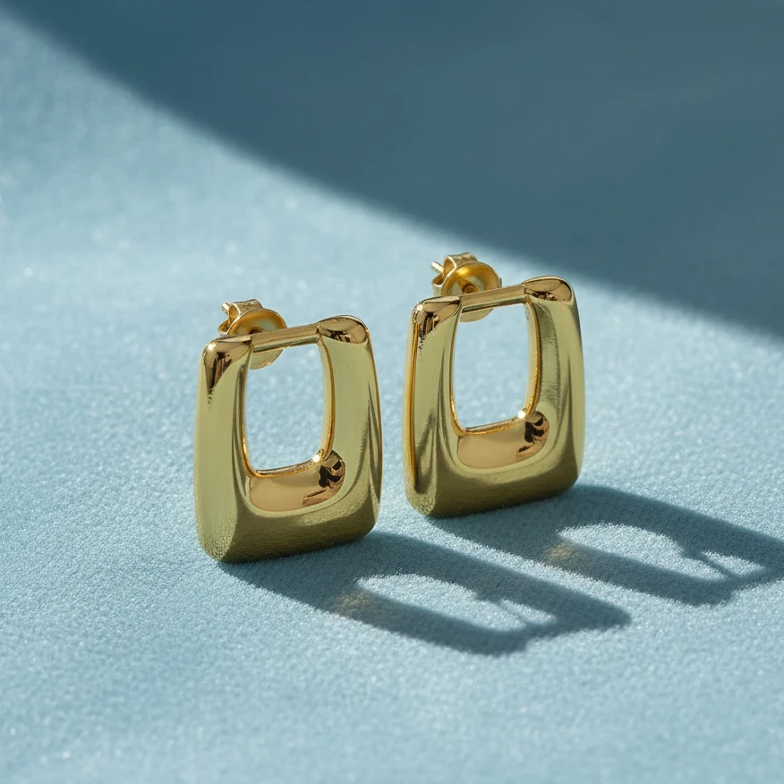 Square Frame Gold Stud Earrings - Image 4