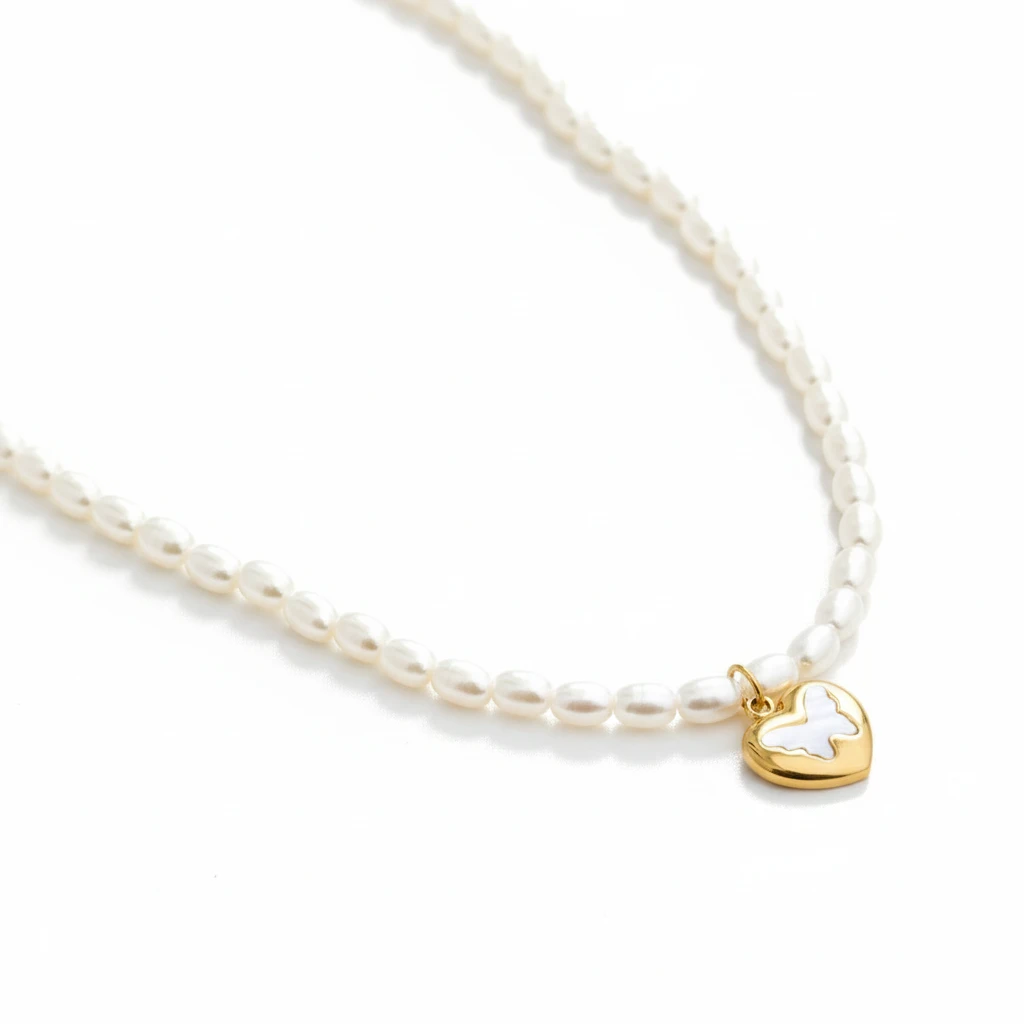 White Pearl Strand Necklace with Puffy Heart Butterfly Charm - Image 4