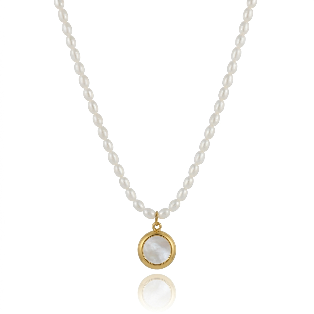 White Pearl Strand Necklace with Round Crystal Bezel Charm