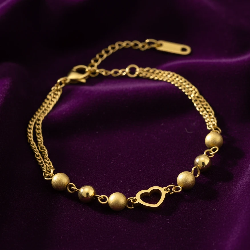 Layered Chain Bracelet with Textured Beads & Open Heart Charm - Image 5