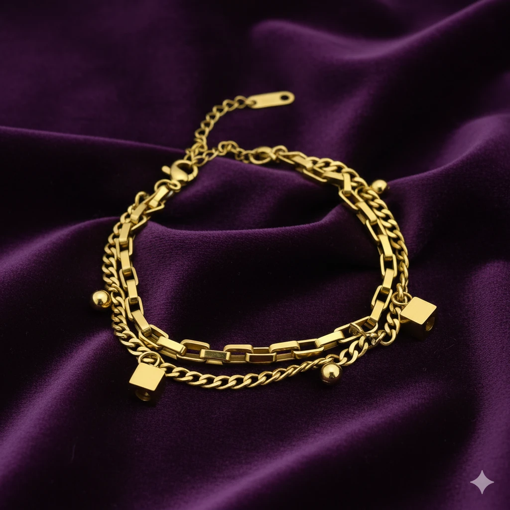 Gold Bracelet with Mixed Links & Geometric Charm Accents - Image 5