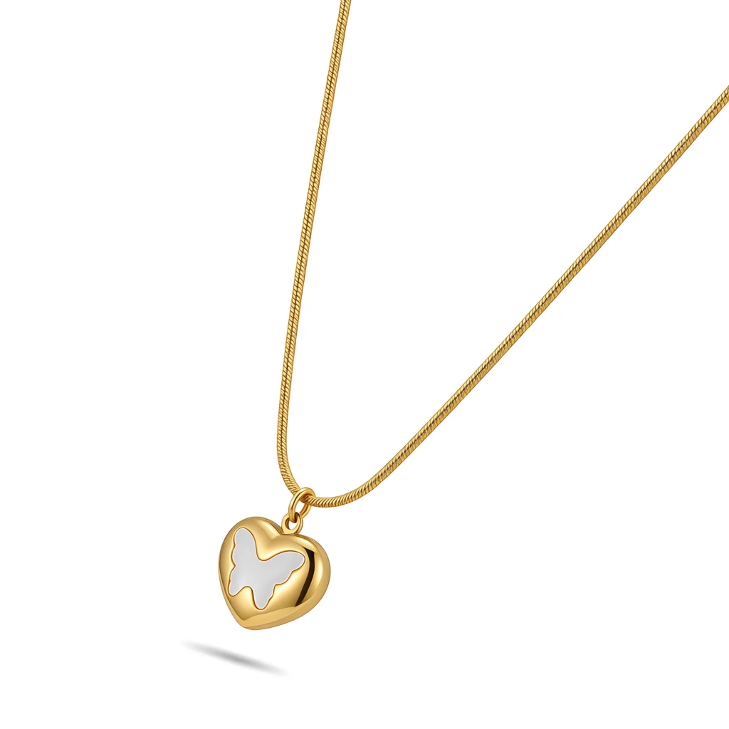Snake Chain Necklace with Puffy Heart White Butterfly Pendant - Image 4