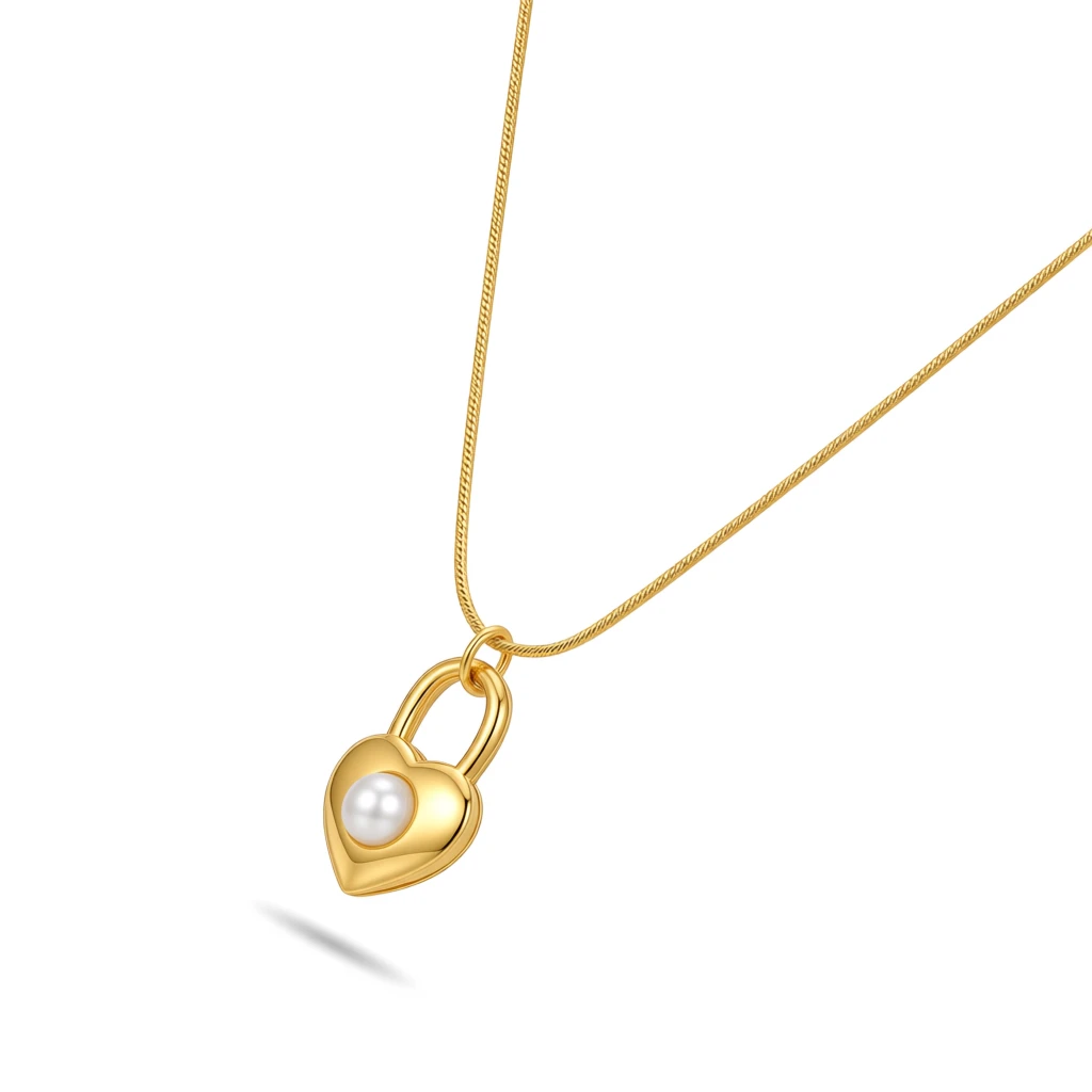 Snake Chain Necklace with Heart Padlock Pearl Pendant - Image 4