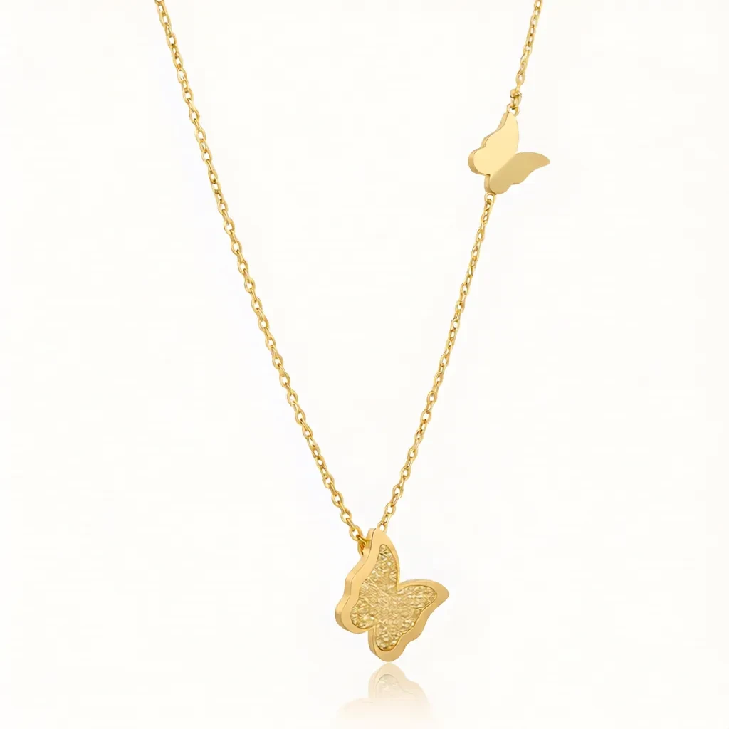Alternative view of Gold Double Butterfly Glitter Pendant Necklace