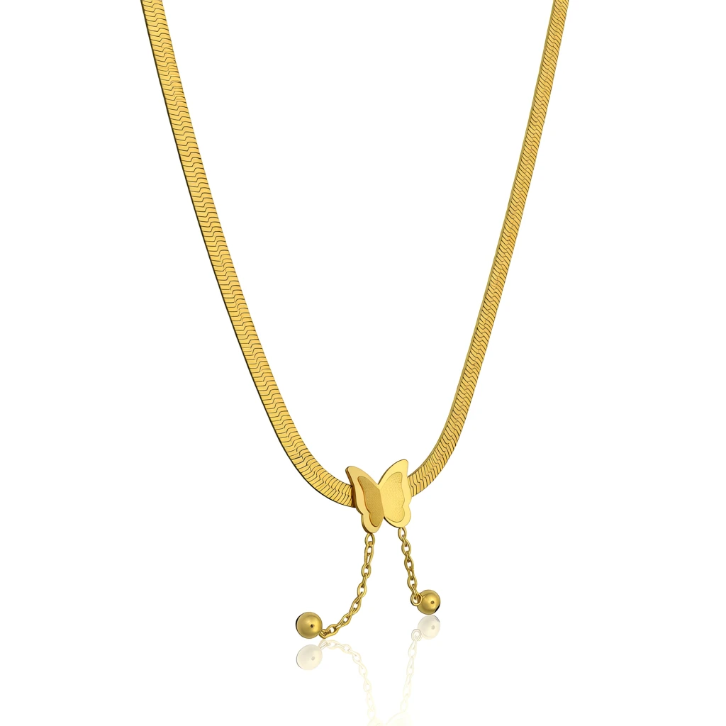 Gold Butterfly Herringbone Chain Necklace with Ball Drop - Image 4