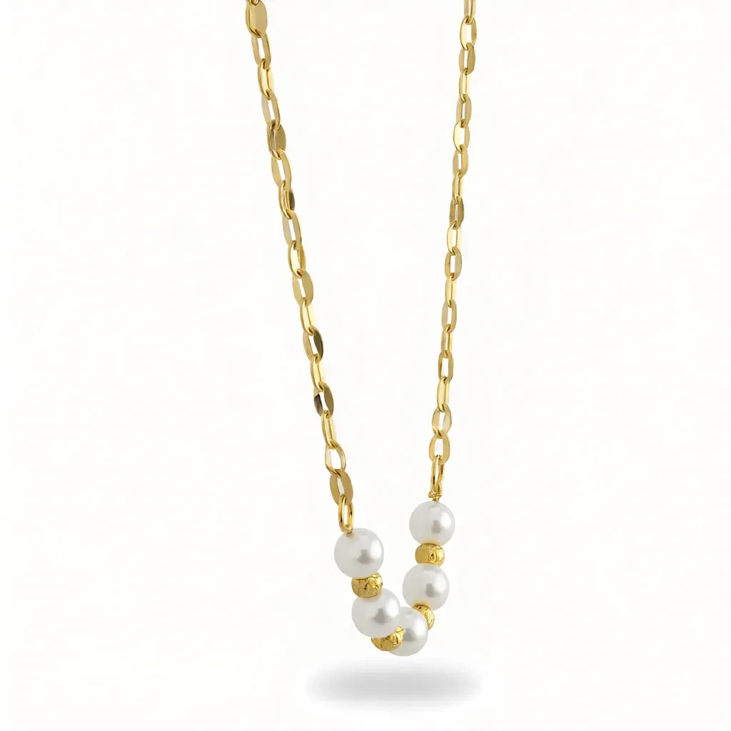 Flat Oval Link Chain Necklace with Pearl & Textured Bead Station Arc - Image 4