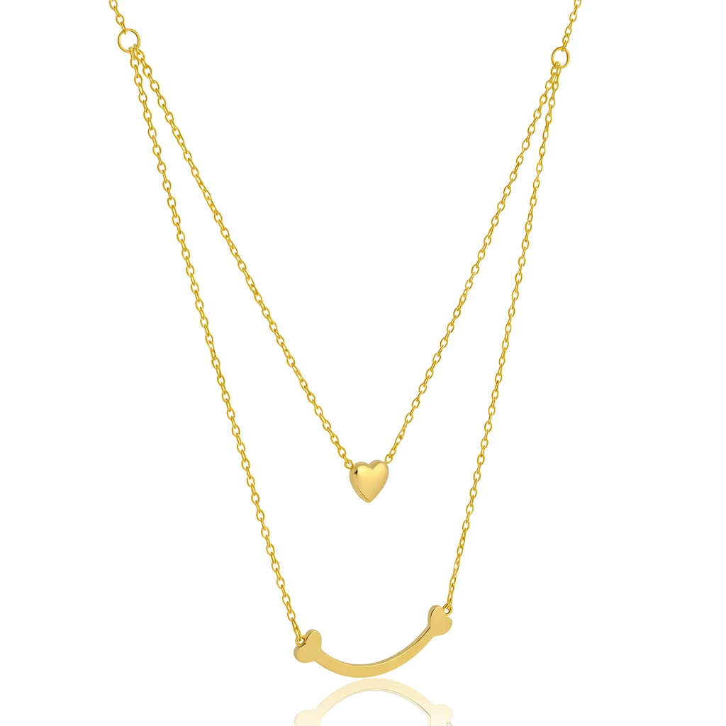 Gold Double Layer Heart & Smile Bar Necklace - Image 4