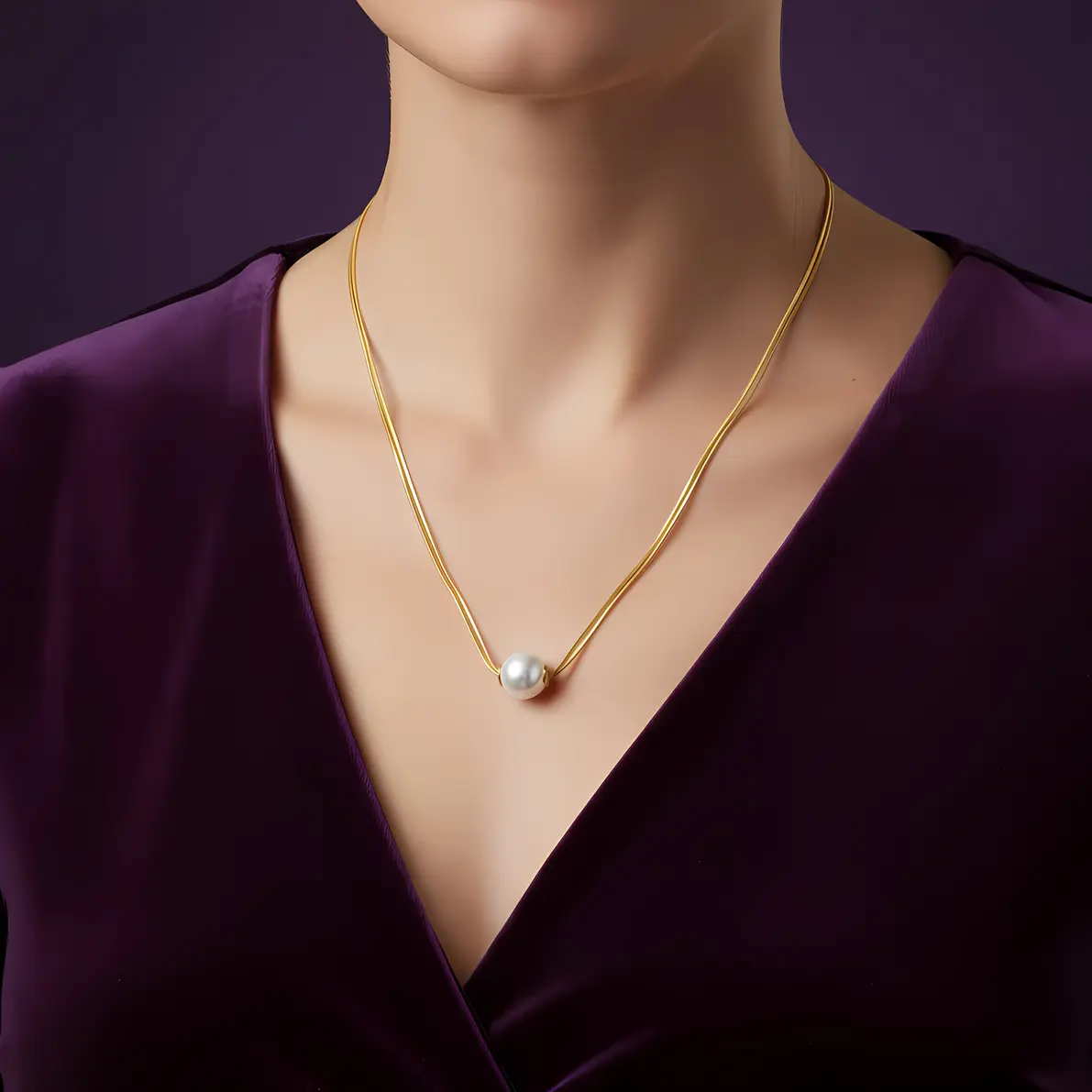 Alternative view of Gold Double Snake Chain Floating Pearl Necklace