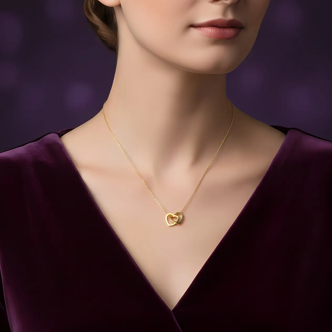 Cable Chain Necklace with Interlocking Double Heart Pendant - Image 3