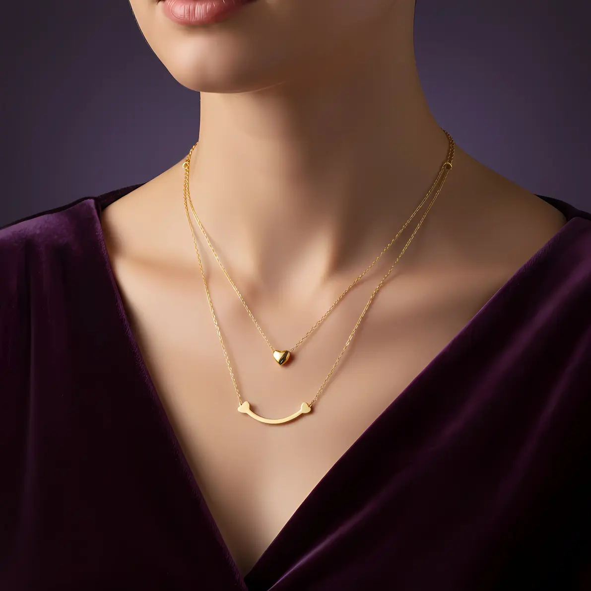 Alternative view of Gold Double Layer Heart & Smile Bar Necklace