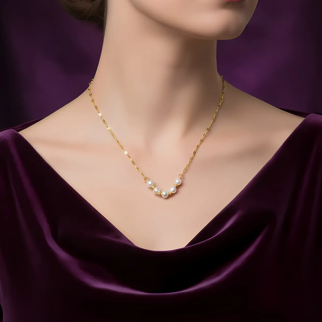 Alternative view of Flat Oval Link Chain Necklace with Pearl & Textured Bead Station Arc