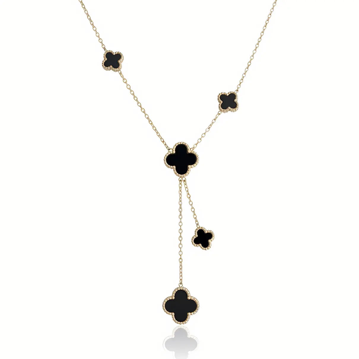 Gold Black Onyx Clover Lariat Y-Necklace