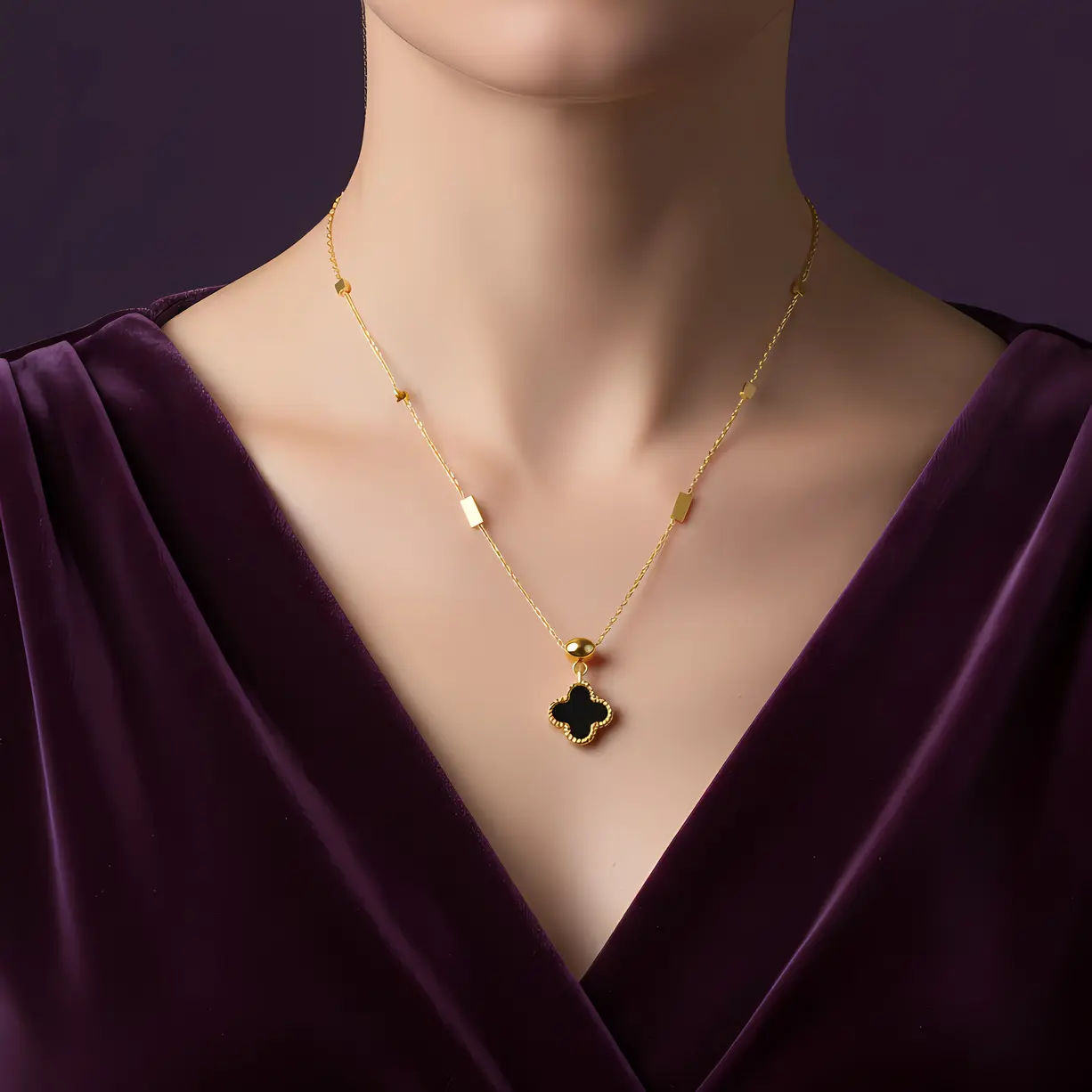 Alternative view of Gold Black Onyx Clover Bar Station Pendant Necklace