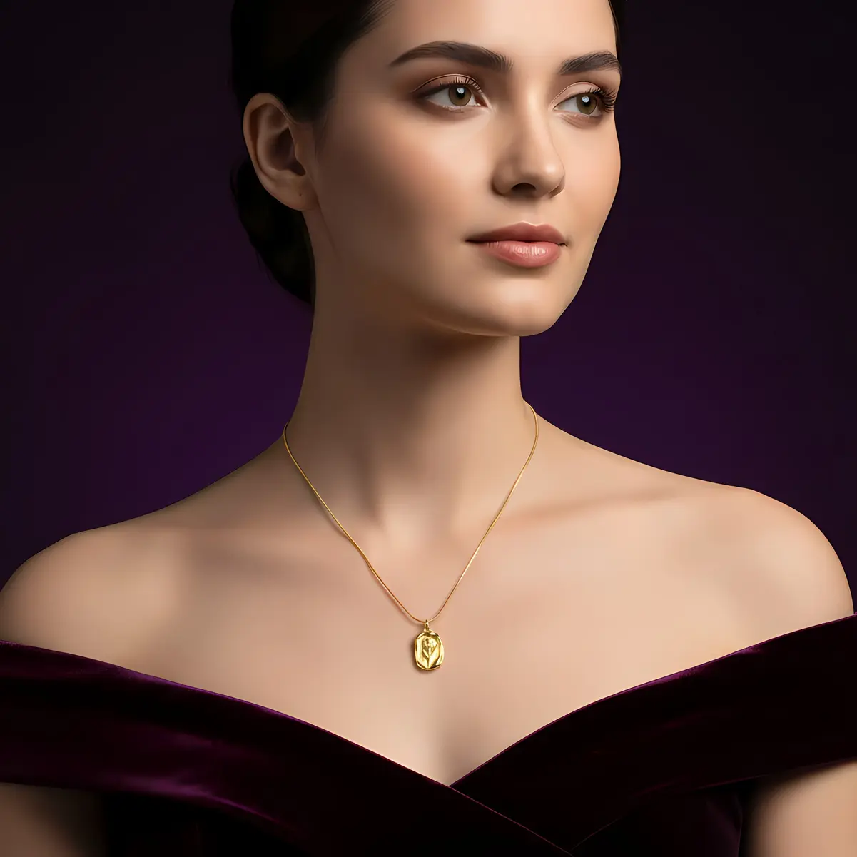 Alternative view of Snake Chain Necklace with Organic Oval Tulip Embossed Pendant