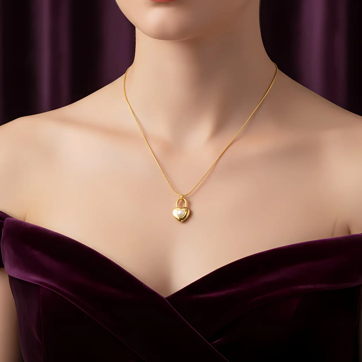 Alternative view of Snake Chain Necklace with Heart Padlock Pearl Pendant