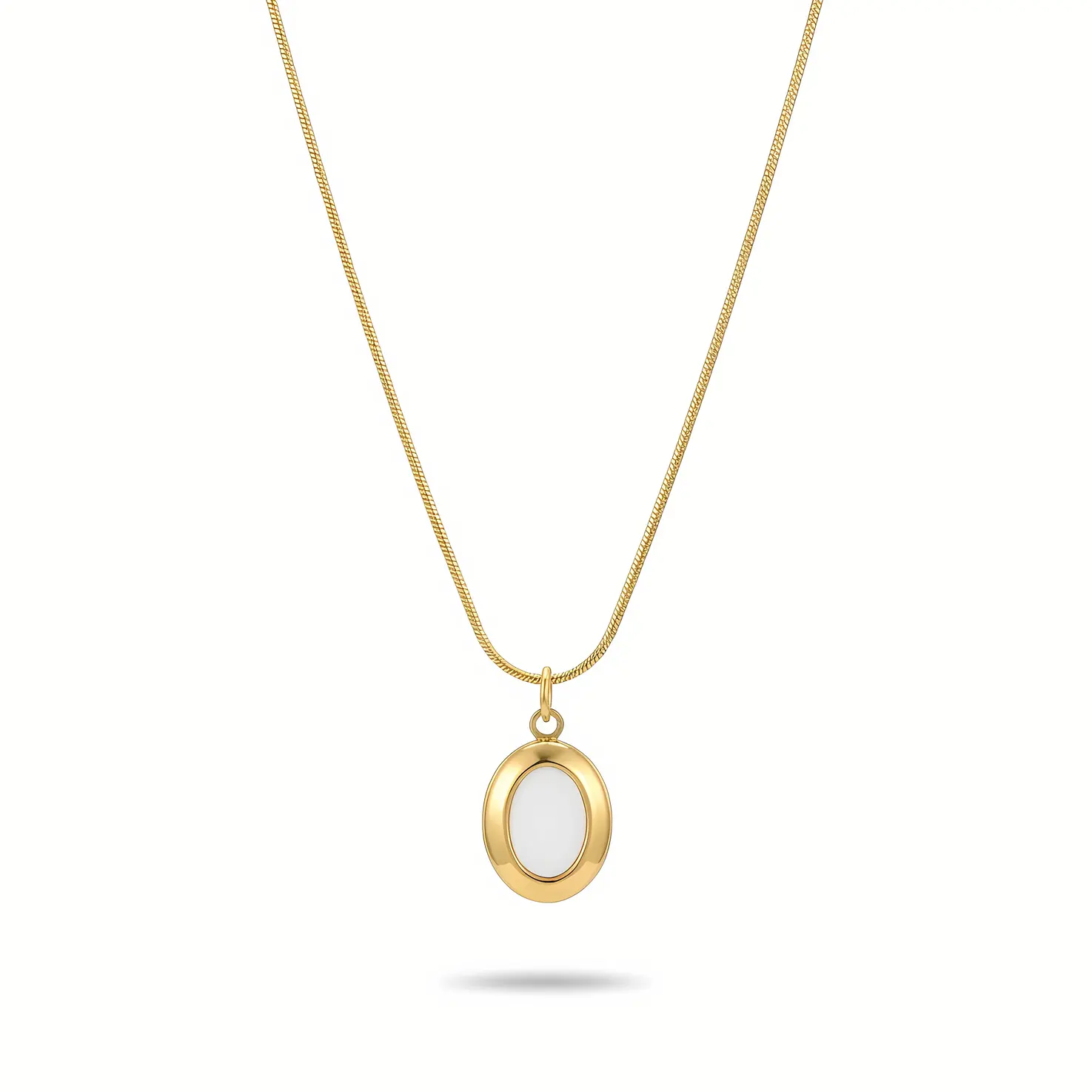 Snake Chain Necklace with Puffy Oval Shell Pearl Pendant