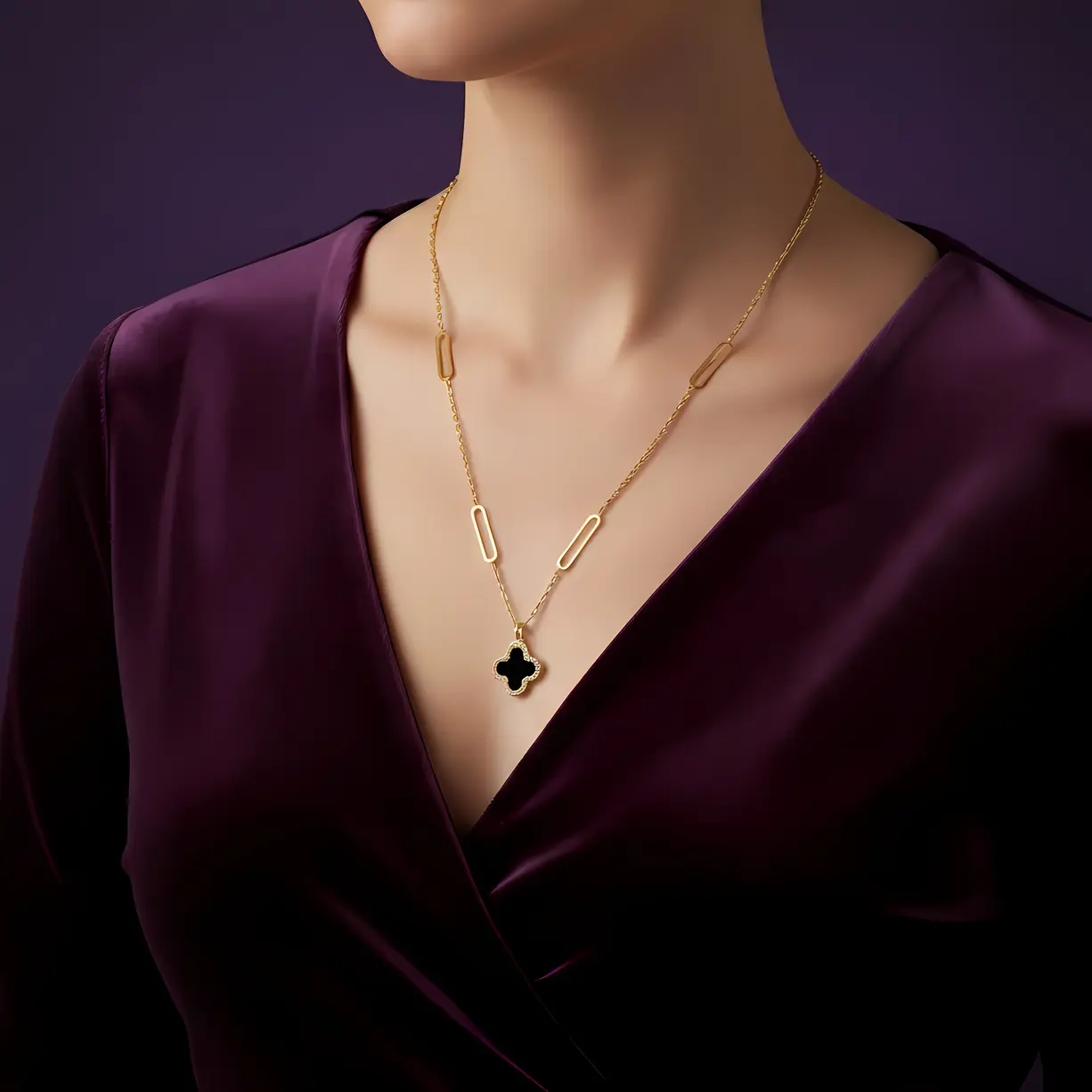 Alternative view of Gold Black Onyx Clover Paperclip Chain Pendant Necklace