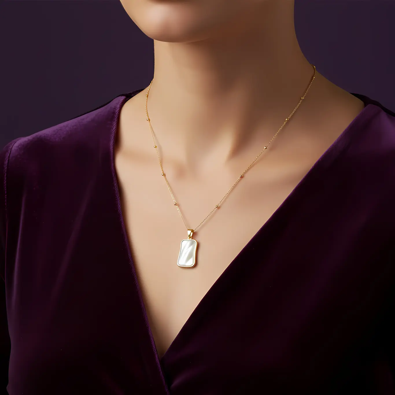 Alternative view of Gold Mother of Pearl Rectangle Satellite Pendant Necklace