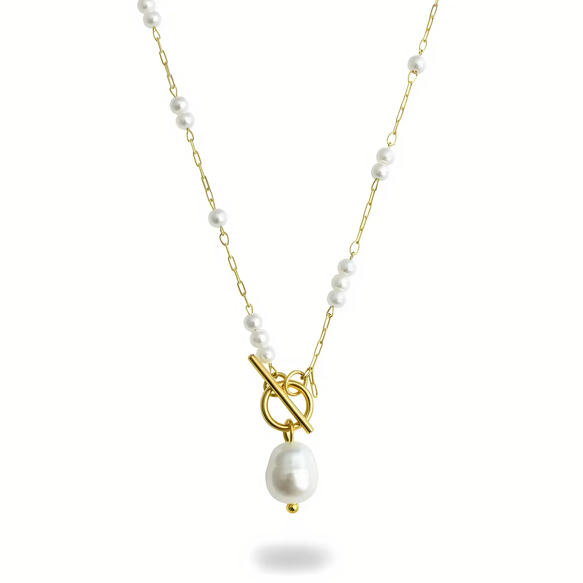 Half Pearl Half Paperclip Chain Necklace with Toggle Clasp & Baroque Pearl Drop