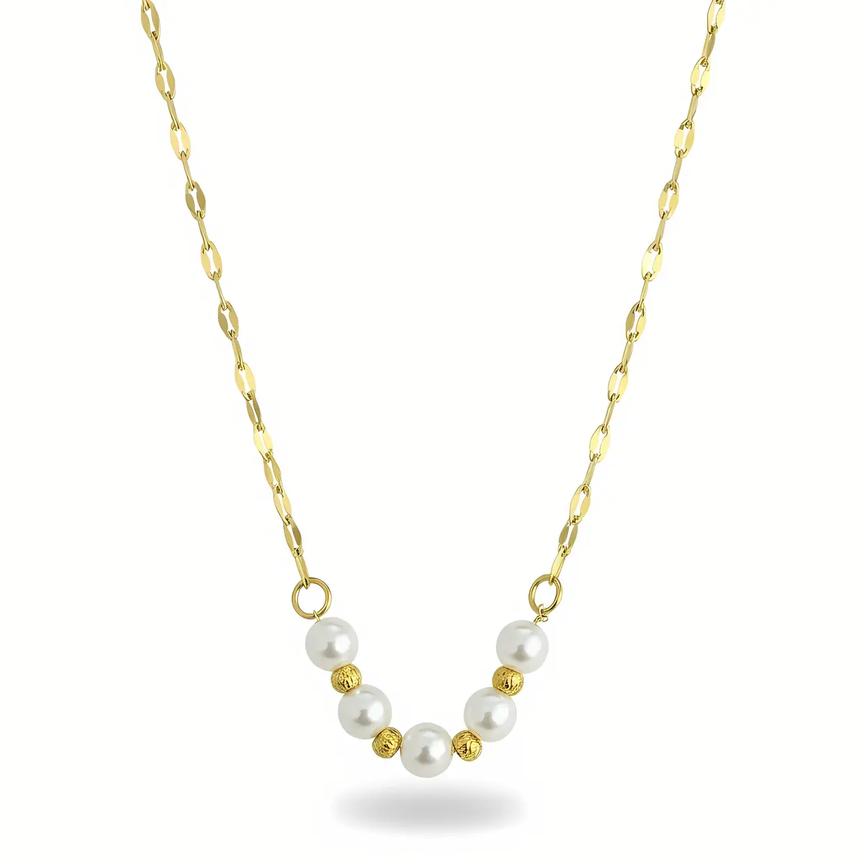 Flat Oval Link Chain Necklace with Pearl & Textured Bead Station Arc