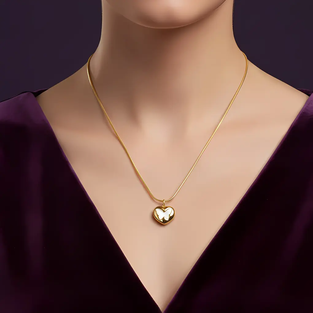 Alternative view of Snake Chain Necklace with Puffy Heart White Butterfly Pendant