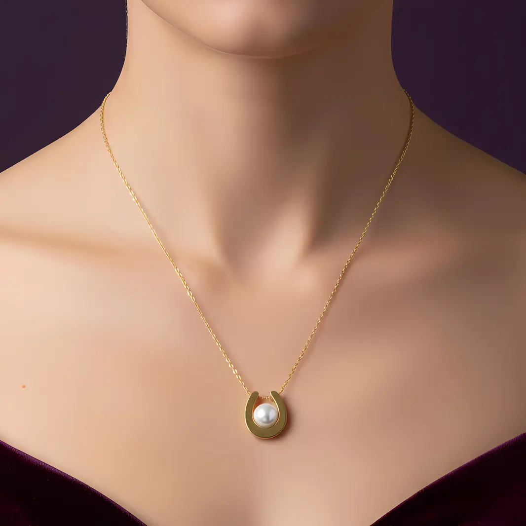 Alternative view of Gold Horseshoe Pearl Pendant Necklace