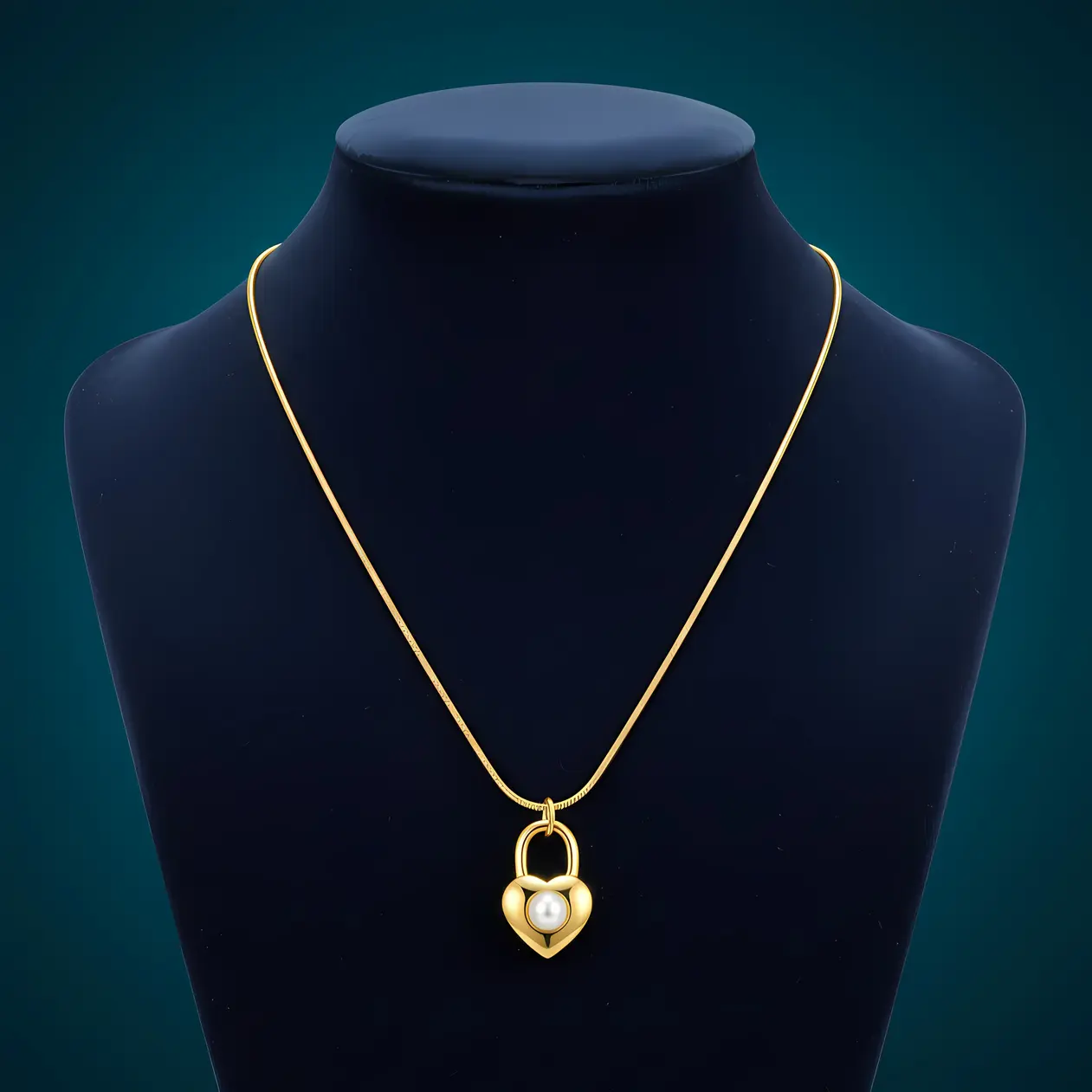 Snake Chain Necklace with Heart Padlock Pearl Pendant - Image 3